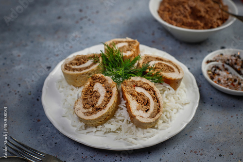 Lyavangi or Lavangi with Roast chicken with Rice.Azerbaijan cuisine.