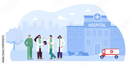 People in pharmacist or doctor uniforms in front of hospital. Group of men and women as medical staff flat vector illustration. Medicine, health concept for banner, website design or landing web page