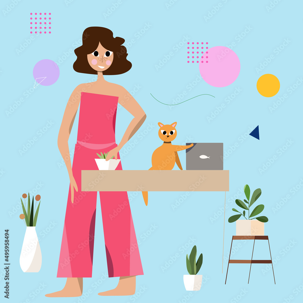 Flat vector girl with cat.Online shopping concept. E-commerce, office , teamwork concept.Vector illustration