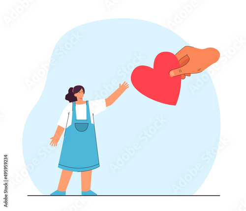 Big hand giving heart to little girl. Family adopting or taking care child flat vector illustration. Children day or care, love, adoption, charity concept for banner, website design or landing page