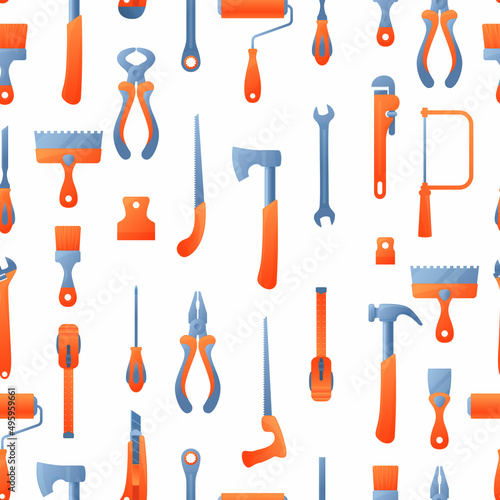 Vector seamless pattern with repair working tools. Cartoon hardware tools texture background. Vector illustration equipment for home repair, renovation, building and construction. Hand work tools.