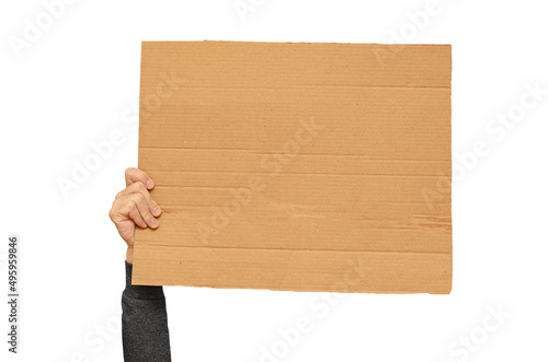 Posters of cardboard in his hands. Isolated on white. Copy space.