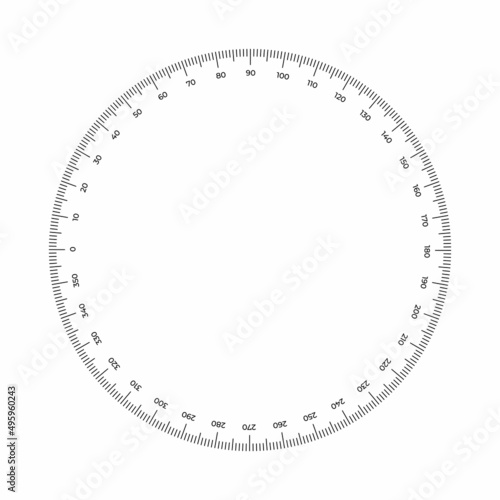 Vector illustration round meter scale isolated on white background. Measuring circle scale in flat style. Circular ruler template. 360 degrees. Protractor grid.