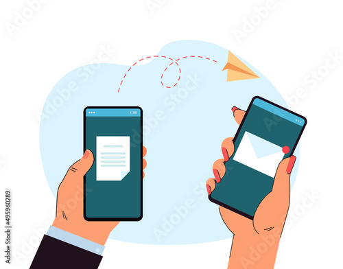 Hands of colleagues sending business emails via smartphones. Office worker sending document flat vector illustration. Communication, online correspondence concept for banner or landing web page