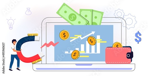 Monetization concept Flat tiny persons vector illustration Online e-commerce marketer analyzing blog content and generating income with ad placements and sponsor partnerships Monetize data services