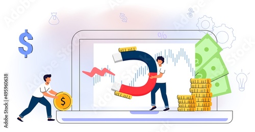 Monetization concept Flat tiny persons vector illustration Online e-commerce marketer analyzing blog content and generating income with ad placements and sponsor partnerships Monetize data services