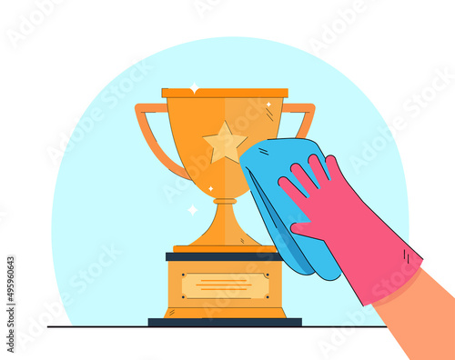 Hand in glove polishing shiny gold cup. Trophy, prize or award for winning contest or competition flat vector illustration. Hygiene, victory, success concept for banner, website design or landing page