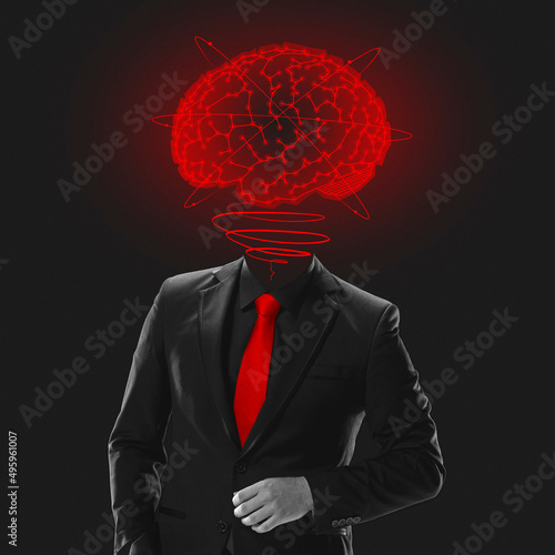 Contemporary art collage. Silhouette of businessman in stylish suit with digital brain scheme isolated over black background