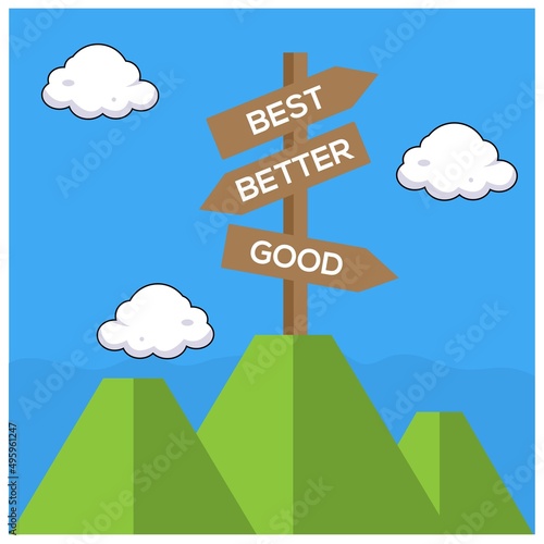 Wooden sign indicating the direction of best, better, and good. Concept of  choice to best, better or good.