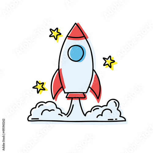 Hand drawn rocket launch illustration with stars and smoke