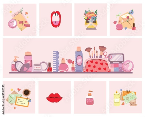 Cosmetic and makeup collection. Cream tube, lipstick, nail polish, mascara, eye shadows, brush. Flat hand drawn style icons set. Woman stuff, girls accessory concept.