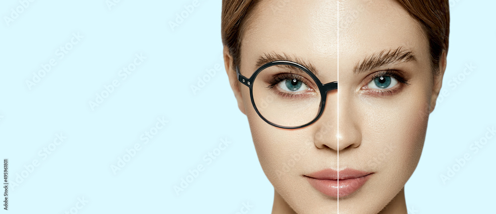Laser vision correction. Woman face with and without glasses on blue background showing vision correction concept using eyeglasses - obrazy, fototapety, plakaty 
