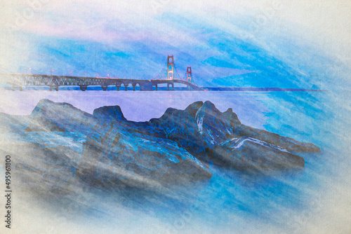 Digital watercolor chalk painting of Mackinac Mackinaw Bridge at night including rocks, boulders, and blue water of the Straits of Mackinaw photo