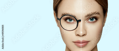 Laser vision correction. Woman face with and without glasses on blue background showing vision correction concept using eyeglasses photo