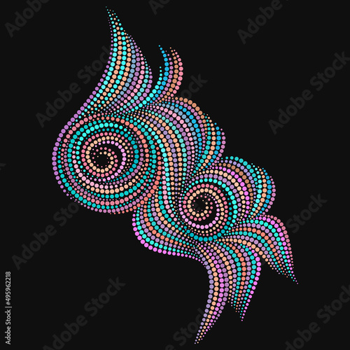 Seashell - a colorful pattern of dots. Traditional ethnic ornament. Object isolated on black background. Vector print.