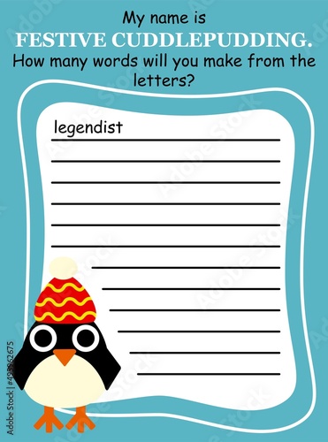 Anagram word game with cute little penguin vector illustration. Cartoon educational game in English for kids colorful worksheet. Create and write as many word by given white letters as you can