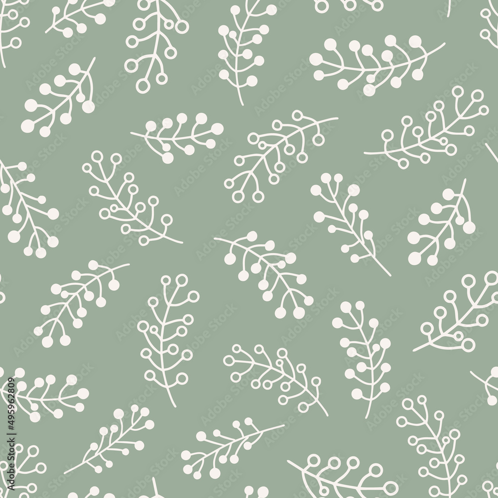 Fototapeta premium Simple doodled botanical plants seamless repeat pattern. Random placed, vector berry branches leaves all over print on sage green background.