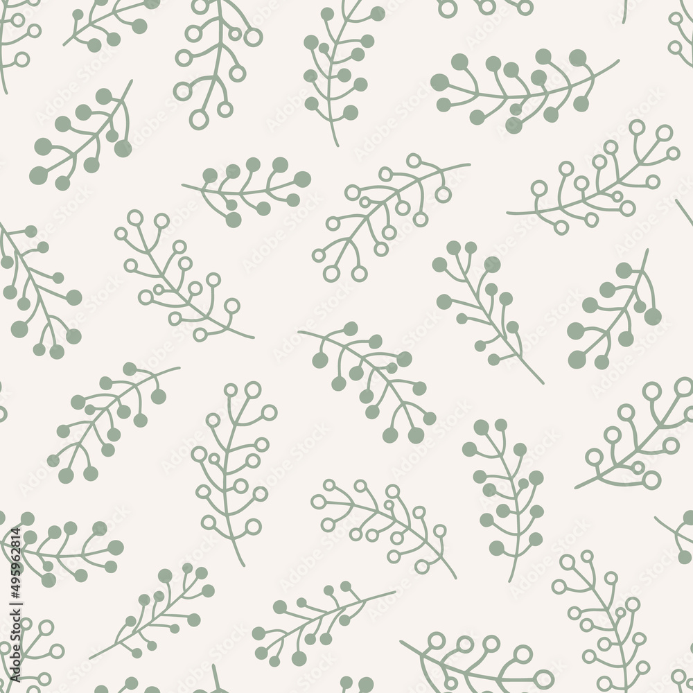 Sage green, simple doodled botanical seamless repeat pattern. Random placed, vector berry branches leaves all over print on white background. 