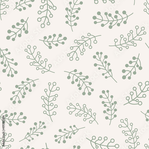 Sage green, simple doodled botanical seamless repeat pattern. Random placed, vector berry branches leaves all over print on white background.  © MoJX.Studio
