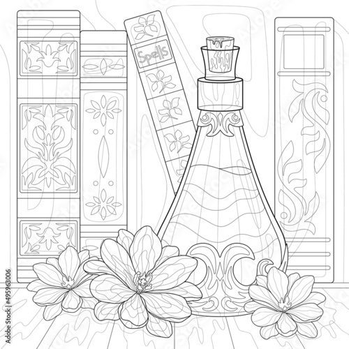 Vial of potion, three flowers, magic books with simple floral patterns on a covers, wooden table. Mystery illustration on a white isolated background. Suit for coloring book.