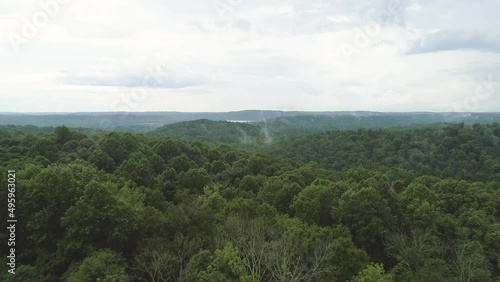 Aerial Footage of foggy Southern Indiana Hill country on the Ohio River banks