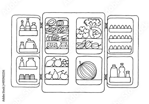 The refrigerator with the door open is filled with food, drinks, meat, cheese, eggs, fruits and vegetables. Doodle. Freehand drawing. Hand Drawing.	