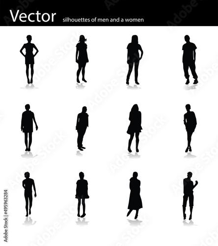 Vector set of silhouettes of men and a women with shadow 