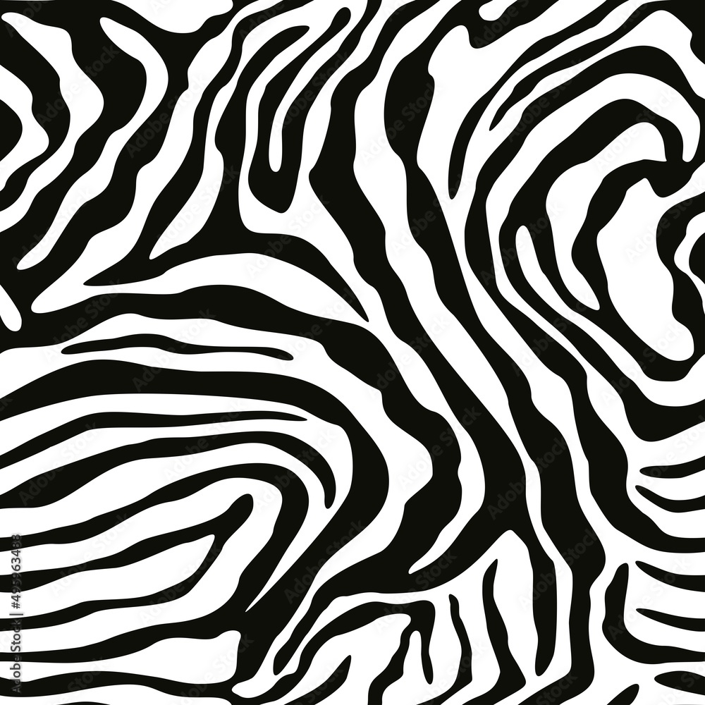 
Zebra print seamless, black stripes on white background, vector texture for textile. Animal skin