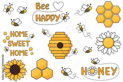 Honey set. Honeycombs, bee, hive isolated on white. Vector illustration of natural sweets in cartoon flat style. Beekeeping set, flat vector illustration. 