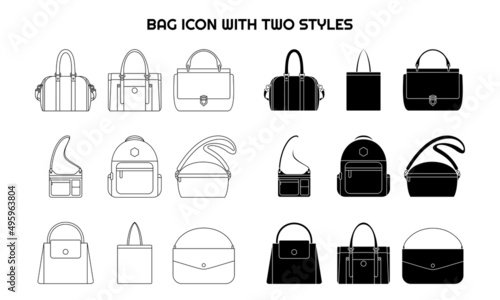 BAG ICON WITH DIFFERENT STYLES. This icon bag collection with outline style and gliph sytle.