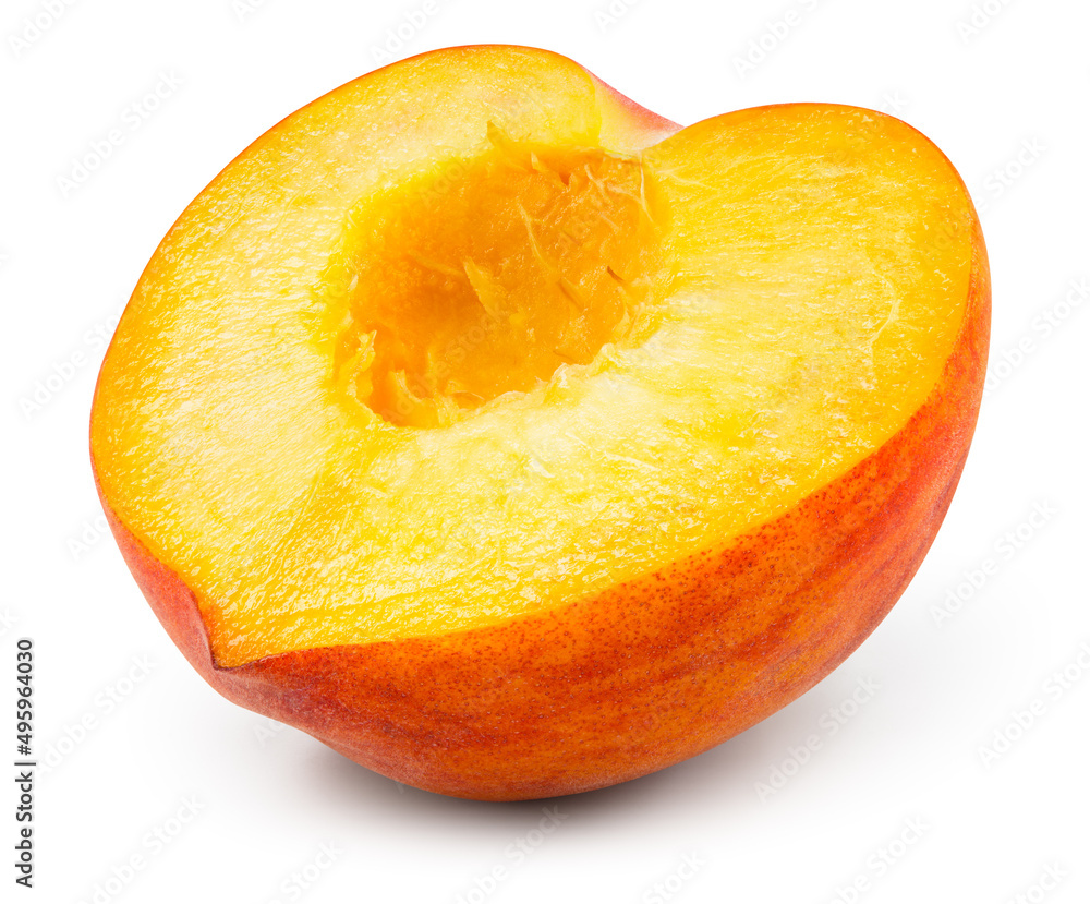 Peach half isolated. Peach on white background. Peach slice with clipping path. Full depth of field. Peach half isolated. Peach on white background. Peach slice with clipping path. Full depth of field.