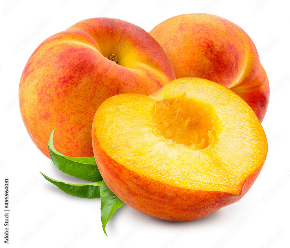 Peach isolated. Three peaches with leaves on white background. Peach fruit with a half cut out. With clipping path. Full depth of field. Peach isolated. Three peaches with leaves on white background. Peach fruit with a half cut out. With clipping path. Full depth of field.