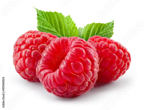 Raspberry isolated. Red raspberries with green leaf isolate. Raspberry with leaves isolated on white. With clipping path. Full depth of field.