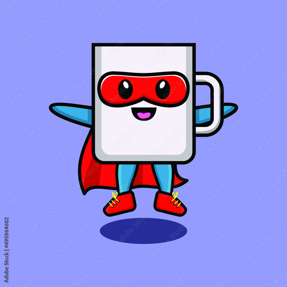 Cute mug superhero character flaying illustration cartoon vector in concept 3d modern style design