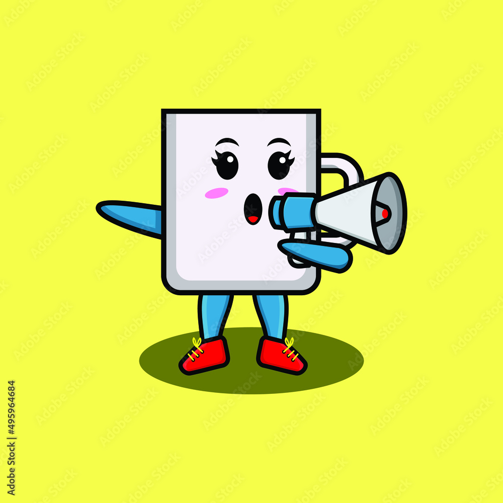 Cute Cartoon mug character speak with megaphone in 3d cartoon style concept Cute Cartoon mug character speak with megaphone in 3d cartoon style concept