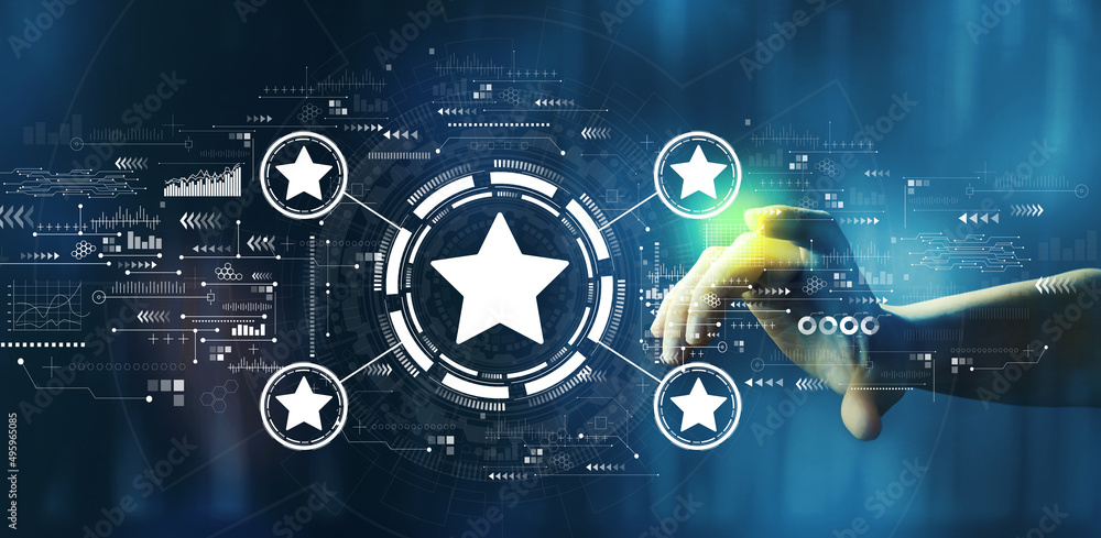Rating star concept with hand pressing a button on a technology screen Rating star concept with hand pressing a button on a technology screen