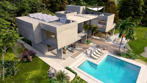 Sustainable modern mansion aerial view photo