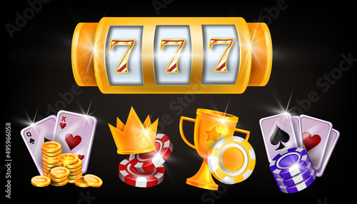 Casino icon set, golden winner cup, chips, royal victory crown, vector poker Vegas gambling logo kit. Lucky badge on black, blackjack playing cards, slot machine jackpot gift. 3D casino icons