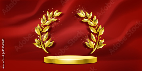 Golden award laurel wreath podium, vector winner prize background, red curtain, 3D victory stage. Championship ceremony banner, ranking circle pedestal, first place concept. Laurel podium design