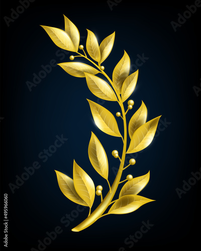 Golden laurel branch, vector winner award leaf, victory symbol on black, olive plant trophy sign. Greek champion emblem, premium achievement label, honor vintage concept. Golden laurel illustration
