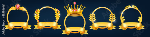 Gold winner frame set, vector award laurel wreath kit, circle trophy emblem, king crown on black. UI game level up achievement, user avatar ranking badge, victory ribbon. Decorative winner frame