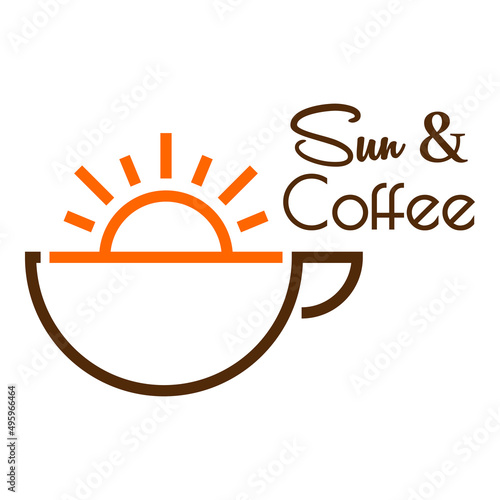 Coffee Shop. Beach bar. Logotipo con texto Sun & Coffee con silueta de sol en taza de café con líneas en color marrón y anaranjado
