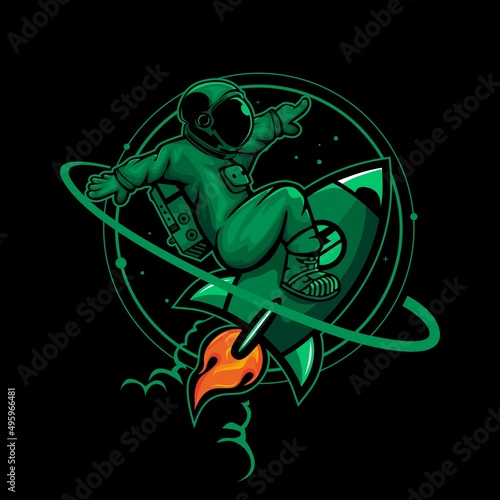 Vector illustration of green astronaut taking off into space on a rocket