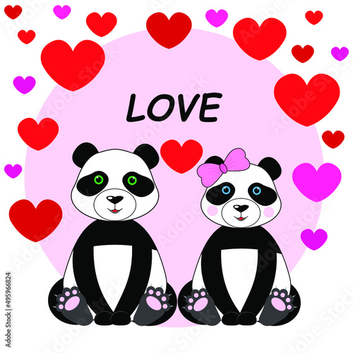 Lovely pandas in love. Valentine s Day. Greeting card. sticker. Vector illustration isolated on white background