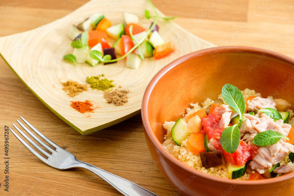 couscous with tuna, peppers, aubergine and courgettes, traditional dish