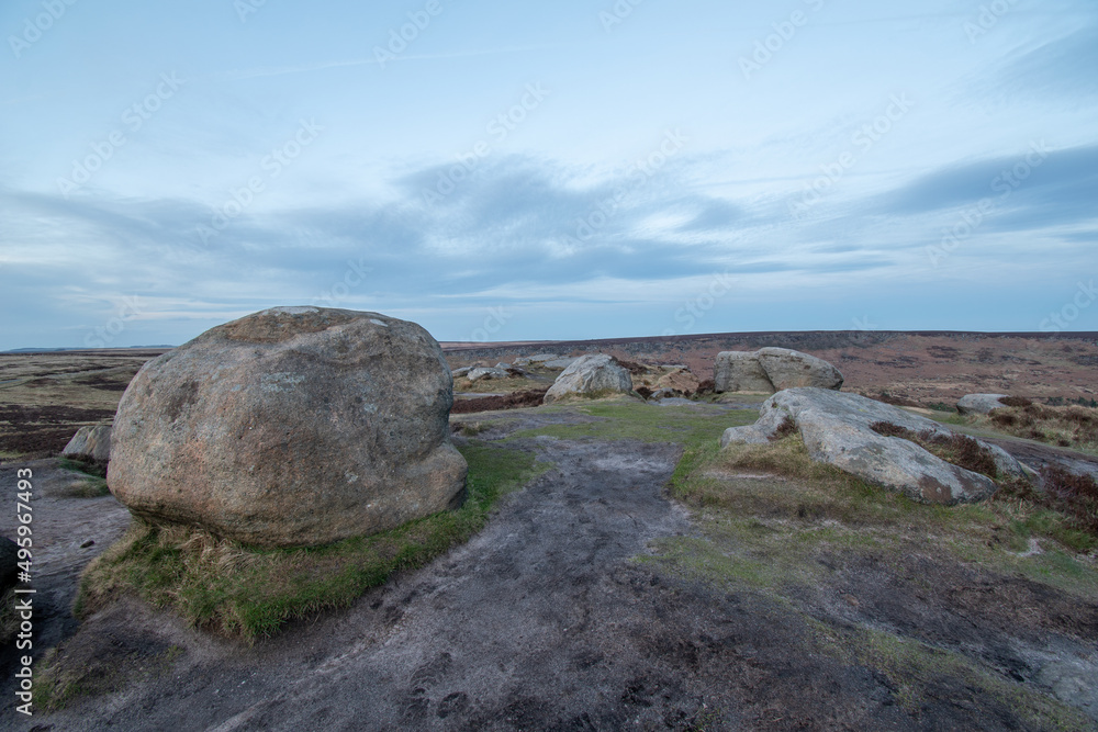 Rocks and hilly scenery of Higger Tor. Natural rock formation in the Peak District, close to Sheffield, UK