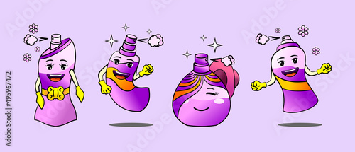 Hand drawn set of flat cartoon perfume bottle characters with different styles