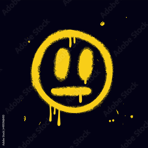 Urban graffiti concept - yellow scary sick face emoticon sprayed with drops ans splashes isolated on black background. Textured hand drawn vector illustration of street wall art.