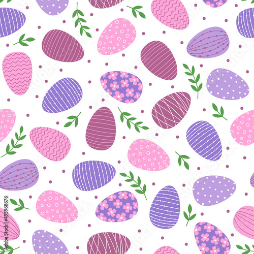 Seamless pattern with Easter decorated eggs. Purple, pink and blue eggs and green branches on white background.