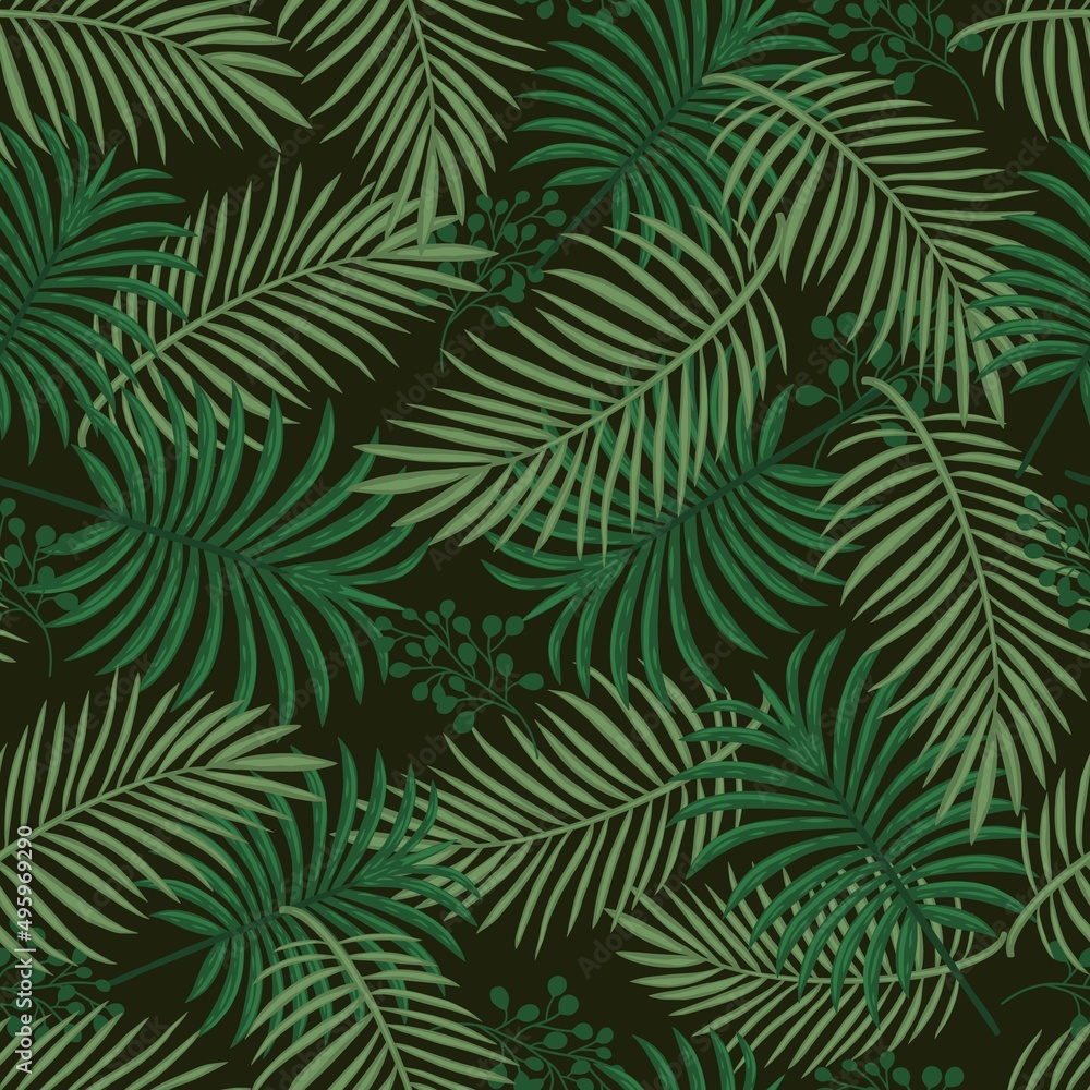 Tropical foliage green seamless pattern with palm leaves vector